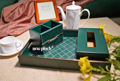 NEW PINCH "Green Jharokha" Leatherette Multipurpose use Bedside Table Tray Set/Serving with Remote Holder and with 2 Coasters- Multicolor