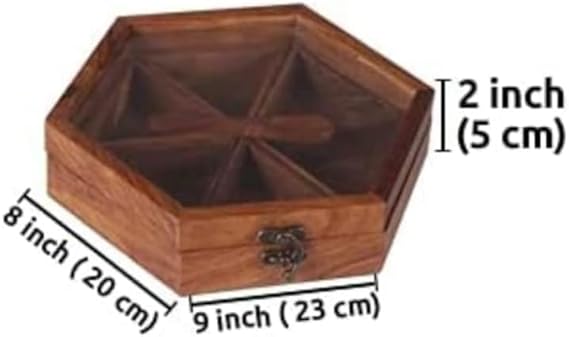 NEWPINCH Wooden Spice Box with 6 Containers & Spoon in Sheesham Wood | Indian Spice Boxes for Kitchen, Masala Dabba, Multipurpose Decorative Boxes