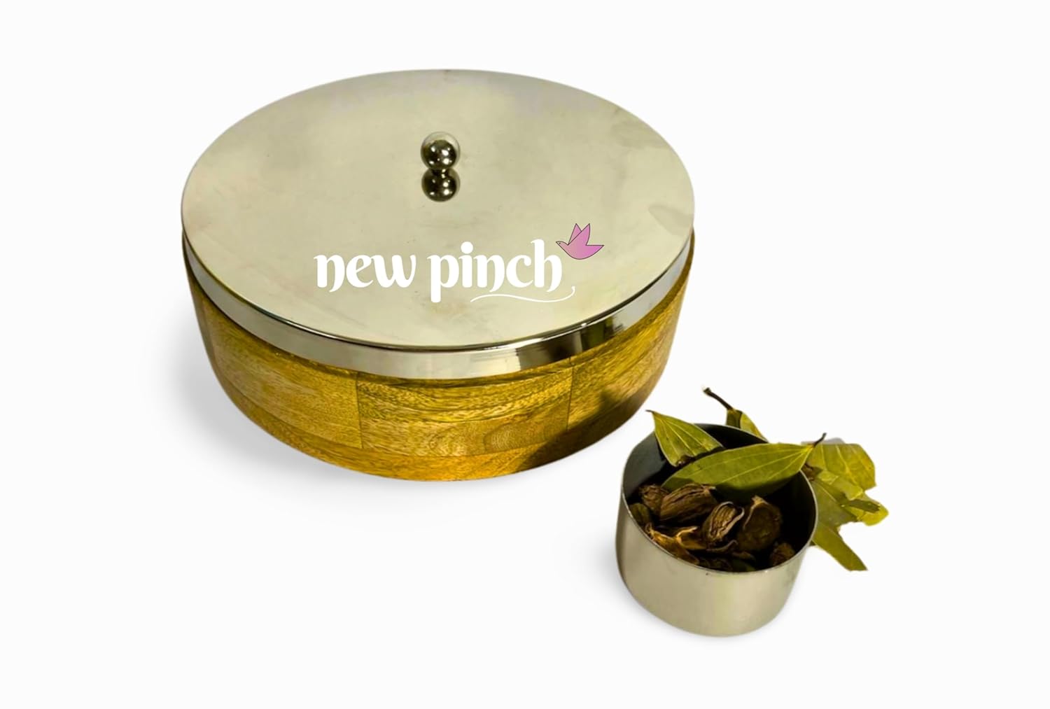 NEWPINCH Silver Lid in Mango wood Masala Box for Kitchen Spice Box with Spoon