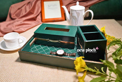 NEW PINCH "Green Jharokha" Leatherette Multipurpose use Bedside Table Tray Set/Serving with Remote Holder and with 2 Coasters- Multicolor