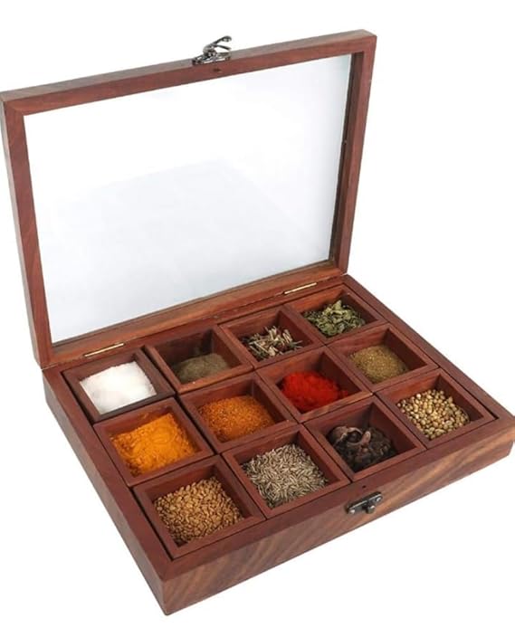 NEWPINCH Wooden Spice Box Set for Kitchen with Container & Spoon (Sheesham Wood, 12 Partitions, Non Detachable) - Spice Rack Spice Holders Wooden Masala Box