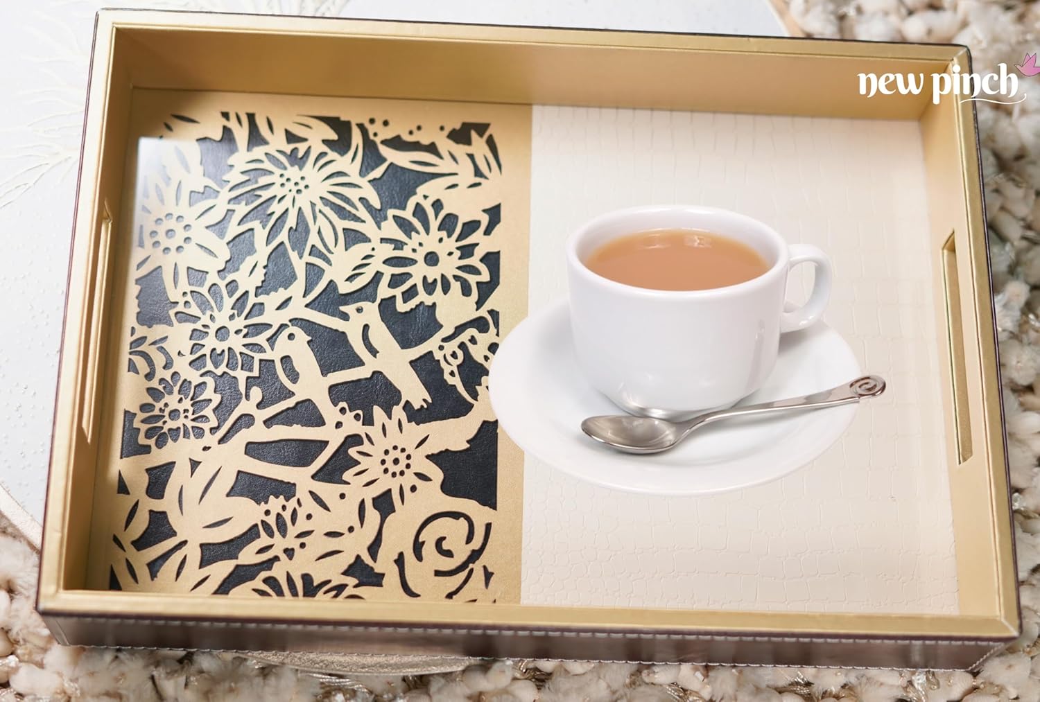 NEWPINCH "Aaliya Bird" Laser Cut Leatherette Wine Serving Tray- Set for Decoration-Tea Trays-Big Coffee Tray Leatherette Serving Trays