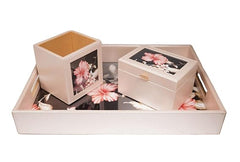 New Pinch Designer Leather Multipurpose Bedside Table Tray Set/Serving Trays Set with Handle - Flower Print