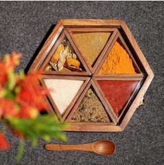 NEWPINCH Wooden Spice Box with 6 Containers & Spoon in Sheesham Wood | Indian Spice Boxes for Kitchen, Masala Dabba, Multipurpose Decorative Boxes