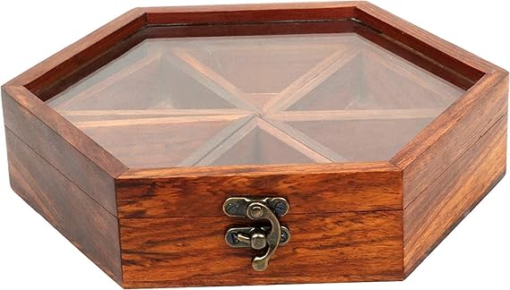 NEWPINCH Wooden Spice Box with 6 Containers & Spoon in Sheesham Wood | Indian Spice Boxes for Kitchen, Masala Dabba, Multipurpose Decorative Boxes