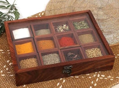 NEWPINCH Wooden Spice Box Set for Kitchen with Container & Spoon (Sheesham Wood, 12 Partitions, Non Detachable) - Spice Rack Spice Holders Wooden Masala Box