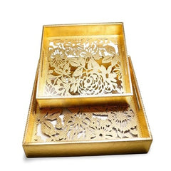 NEWPINCH "GOLDEN FLORA" Transparent Leatherette Golden Laser Cut Tray- Set for Decoration-Tea Trays-Big Coffee Tray Wooden Serving Trays - Golden (Pack of 2)