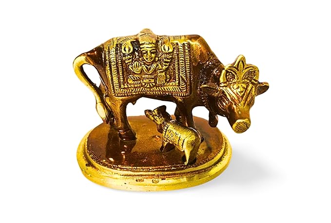 NEWPINCH Kamdhanu Cow with Calf Metal Golden Cow with Calf Good Luck Statue Figurine for Home Decor, Office Accessory or Bedroom Accent Piece