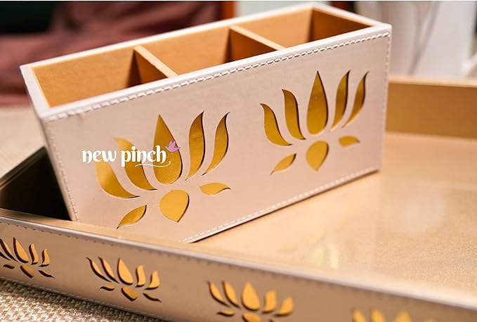 NEWPINCH "Lotus hi Lotus" Cream Designer Leatherhite Multipurpose use Bedside Table Tray Set/Serving with Remote Holder and with 2 Coasters/Leaser Cutting (Lotus Cream)