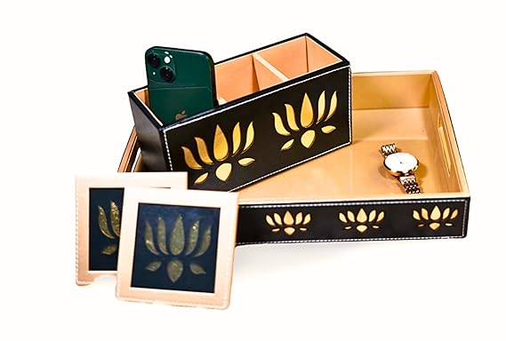 NEWPINCH Designer Leatherette Multipurpose use Bedside Table Tray Set/Serving with Remote Holder and with 2 Coasters/Leaser Cutting (Black Lotus)