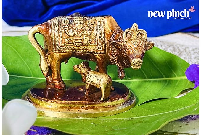 NEWPINCH Kamdhanu Cow with Calf Metal Golden Cow with Calf Good Luck Statue Figurine for Home Decor, Office Accessory or Bedroom Accent Piece