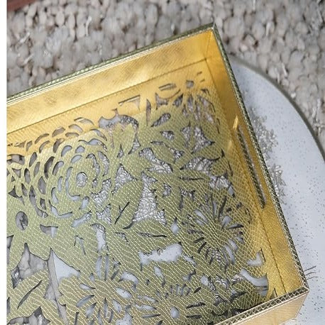 NEWPINCH "GOLDEN FLORA" Transparent Leatherette Golden Laser Cut Tray- Set for Decoration-Tea Trays-Big Coffee Tray Wooden Serving Trays - Golden (Pack of 2)