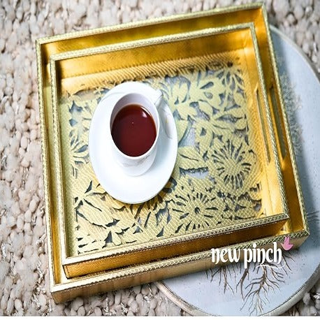 NEWPINCH "GOLDEN FLORA" Transparent Leatherette Golden Laser Cut Tray- Set for Decoration-Tea Trays-Big Coffee Tray Wooden Serving Trays - Golden (Pack of 2)