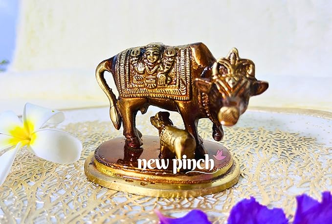 NEWPINCH Kamdhanu Cow with Calf Metal Golden Cow with Calf Good Luck Statue Figurine for Home Decor, Office Accessory or Bedroom Accent Piece