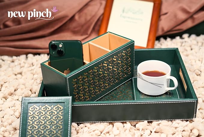 New Pinch Designer Leatherette Multipurpose use Bedside Table Tray Set/Serving with Remote Holder and with 2 Coasters/Leaser Cutting (Green Heart)