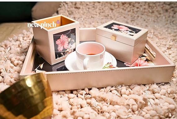 New Pinch Designer Leather Multipurpose Bedside Table Tray Set/Serving Trays Set with Handle - Flower Print