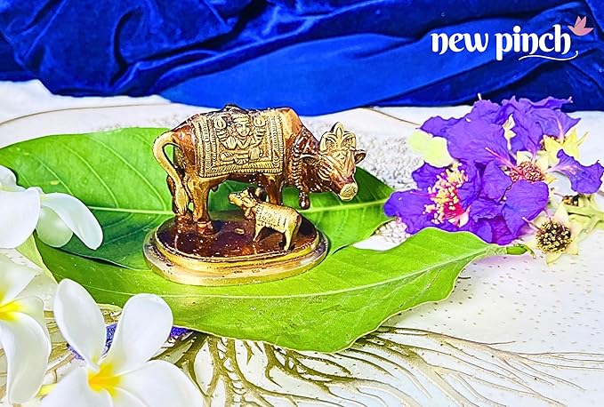 NEWPINCH Kamdhanu Cow with Calf Metal Golden Cow with Calf Good Luck Statue Figurine for Home Decor, Office Accessory or Bedroom Accent Piece