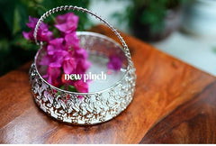 NEW PINCH Pooja German Silver Round Flower Basket For Pooja/Decor Traditional Handcrafted Flower Basket for Pooja/Worship Plated Bowl Home Mandir Office Wedding Return Diwali Gift Items -(Silver Leaf)