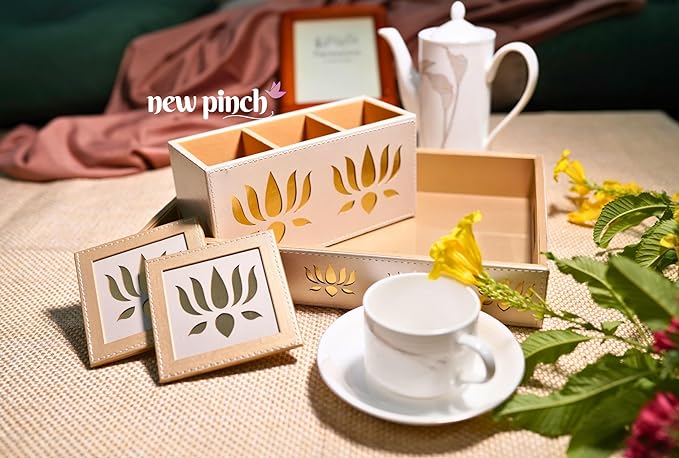 NEWPINCH "Lotus hi Lotus" Cream Designer Leatherhite Multipurpose use Bedside Table Tray Set/Serving with Remote Holder and with 2 Coasters/Leaser Cutting (Lotus Cream)