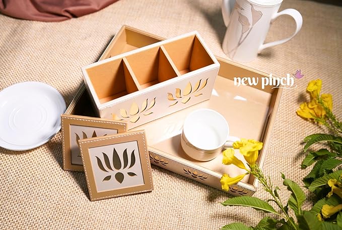 NEWPINCH "Lotus hi Lotus" Cream Designer Leatherhite Multipurpose use Bedside Table Tray Set/Serving with Remote Holder and with 2 Coasters/Leaser Cutting (Lotus Cream)