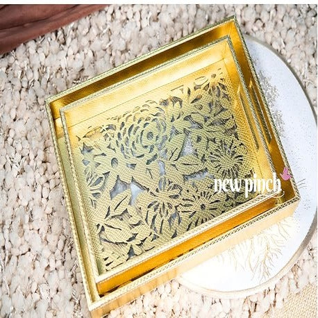 NEWPINCH "GOLDEN FLORA" Transparent Leatherette Golden Laser Cut Tray- Set for Decoration-Tea Trays-Big Coffee Tray Wooden Serving Trays - Golden (Pack of 2)