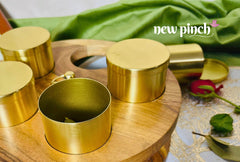 NEWPINCH 'Wheel Handcrafted' Brass & Wooden Masala Box for Kitchen Spice Box with Spoon