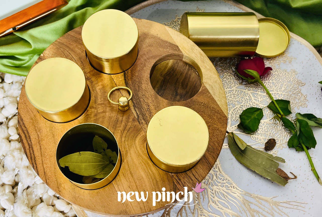 NEWPINCH 'Wheel Handcrafted' Brass & Wooden Masala Box for Kitchen Spice Box with Spoon