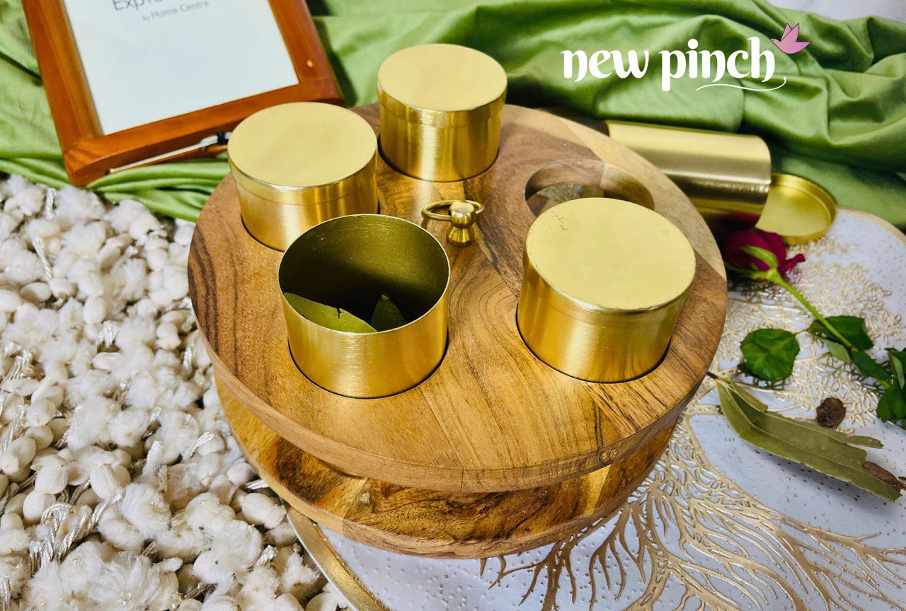 NEWPINCH 'Wheel Handcrafted' Brass & Wooden Masala Box for Kitchen Spice Box with Spoon