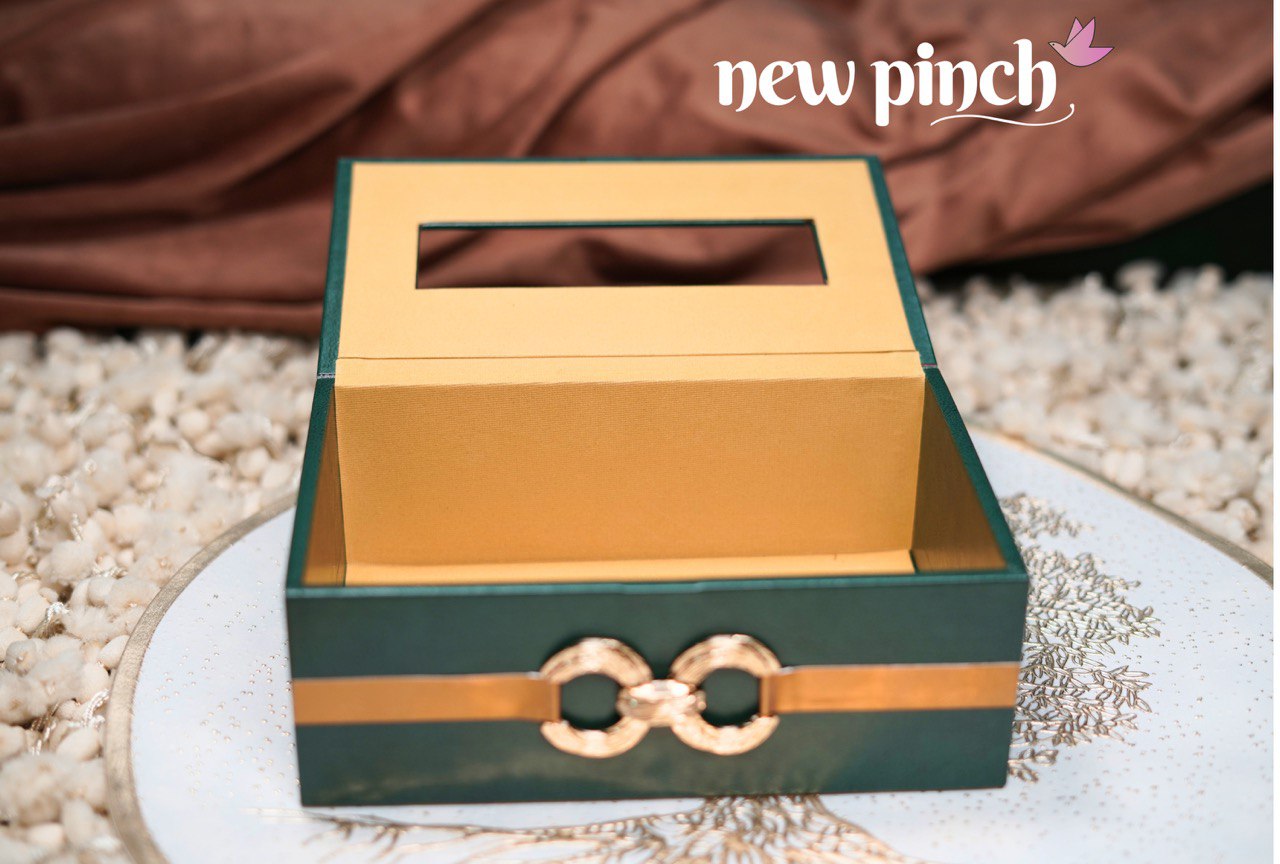 NEWPINCH Tissue Box Holder with 100 Pulls Cotton Rags Tissue | Handcrafted Fine Leather - Like Finish | for Gifting, Office Desks, Cars & Home Décor | Water Resistant - Green/Golden